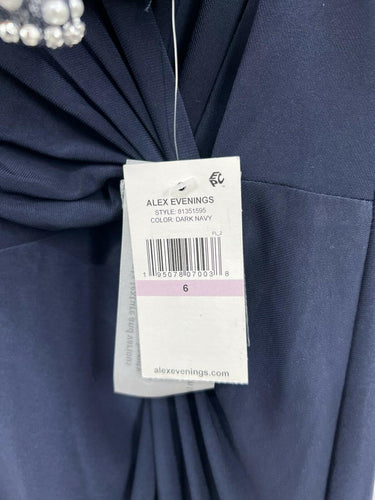 Alex Evenings Dress Dark Navy Pearl Beaded Sleeve Twist Front Gown 6 Alex Evenings