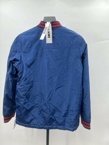 DKNY Boys Navy Blue Varsity Bomber Jacket Red D Patch Sherpa Lined NWT M 10-12 DKNY