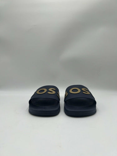 Hugo Boss Sean Slide Sandals in navy blue with a gold logo Size 39