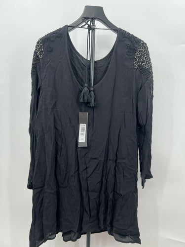 Religion Womens Jet Black Beaded Embroidered Tunic Dress Tassel Top NWT - Size L