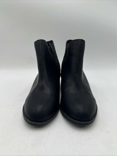 MIA Black Faux Leather/Glitter Round Toe Side Zip Block Heel Ankle Boots Size 5