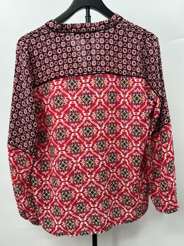 LOFT Blouse Womens Mixed Print Peasant Top Split Neck Red Navy Boho Tunic M Split
