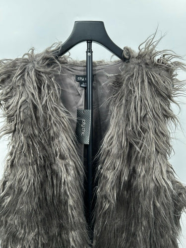 City Chic Woman’s Mushroom long-hair faux fur vest Fluffy Open Front Size L City Chic