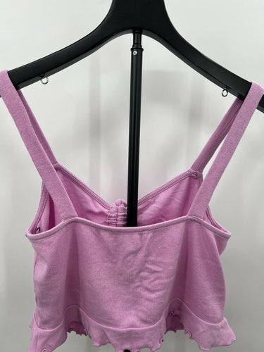Abound Pink Ribbed Crop Top Tie Front Ruched Lettuce Hem Tank - L