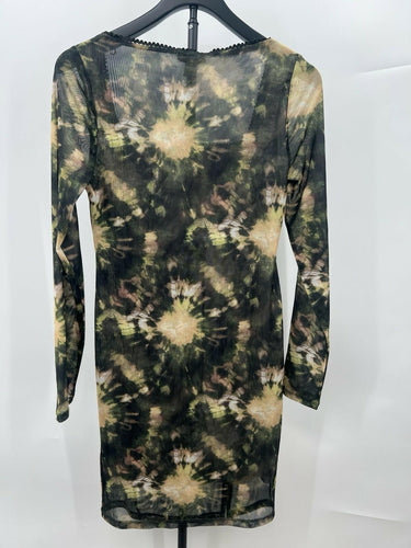 Topshop Mesh Dress Tie Dye Green Square Neck Long Sleeve Mini Lined NWT - Size 8