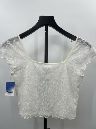 Abound Lace Crop Top White Flutter Sleeve Ruched Lined Sheer NWT - S