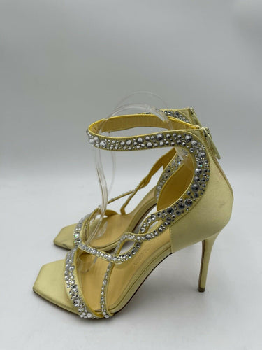 Alexander McQueen Crystal Yellow Satin Ankle-Cuff Cocktail Sandals Size 37.5 Alexander McQueen