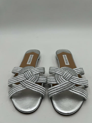 Aquazzura Felix sandals in silver metallic interwoven strap fabric Size 36