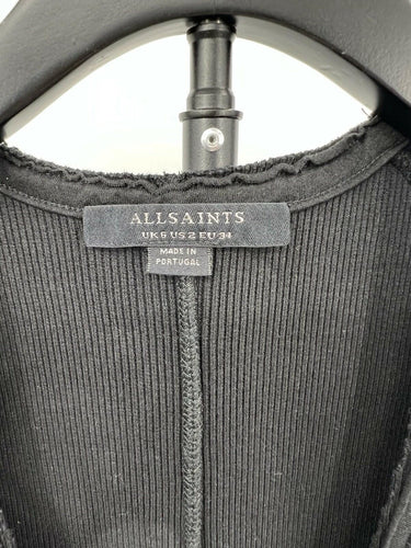 NWT AllSaints Alicia Dress Womens 2 Black Ribbed Zip Front Bodycon Midi  2