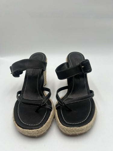 Marion Parke Black Leather Espadrille Wedge Thong Sandals Size 40 / 9