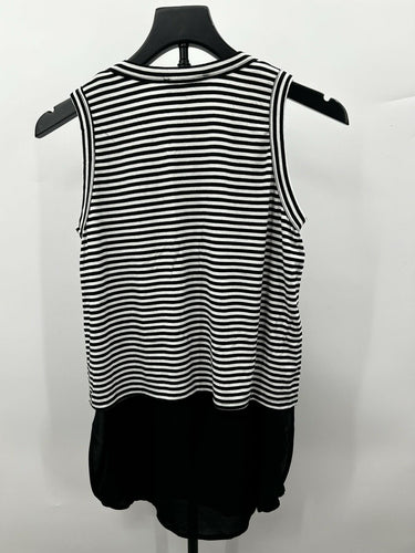 Karen Kane Woman’s black/white striped sleeveless layered top chiffon hem Sz XS