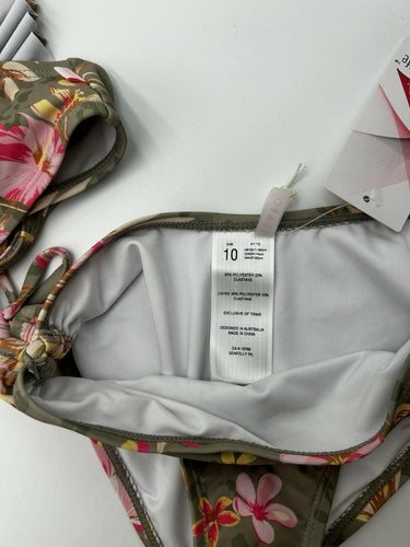 Seafolly Girl’s Summer Tropical Bikini Set Olive Green Ruffle Size 10