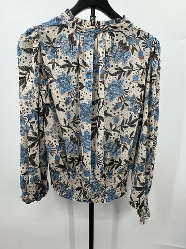 Joie Floral Smocked Hem Blouse Blue Beige Long Sleeve Tie Neck S