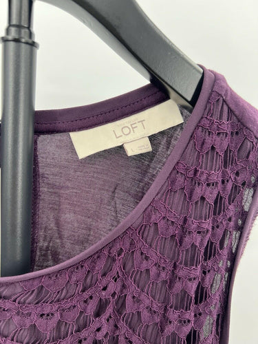 LOFT Blouse Womens L Purple Plum Crochet Lace Sleeveless Overlay Top L Large Loft