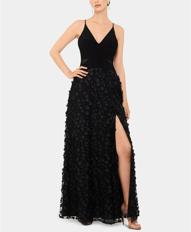 Xscape Ity V Front Top with Long Raised Flower Skirt Black/Black 6