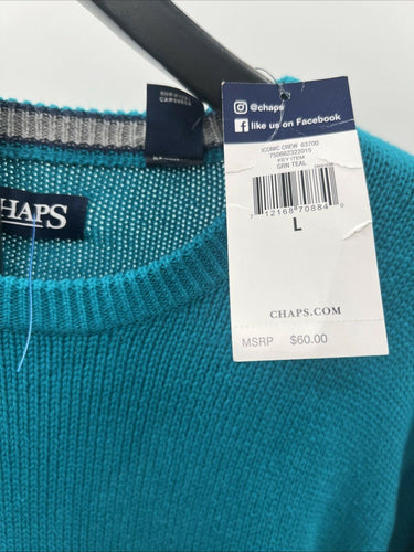 NWT CHAPS Crew Neck Sweater Bluish Green, 100% Cotton- Size L
