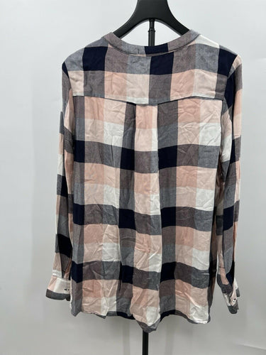 Gibson Plaid Tunic Blouse Pink Navy Check Pleated Button Up Boho L Gibson