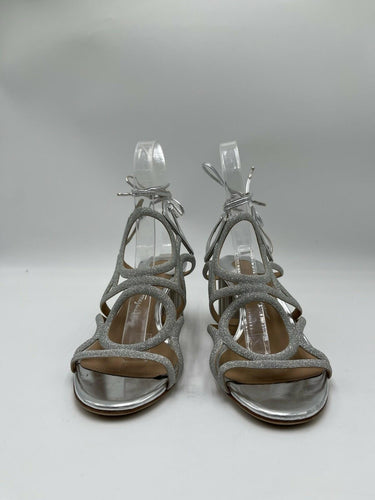 SALVATORE FERRAGAMO Vinci 55mm Glitter Leather Silver Sandals Heels Size 5C