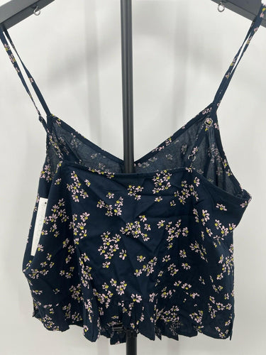 ABOUND Cami Top Navy Blue Pink Daisy Floral Ruffle Hem Ruched Front - M