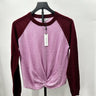 Heartloom Charlie Woman’s baseball sweater Twist Front Maroon Sleeves Size S Twist