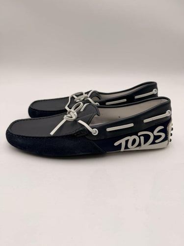 Tod's Gommini navy / white driving moccasins prominent logo patch Size 6UK
