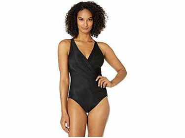 Miraclesuit Women's Rock Solid Wrapsody Halter Tummy Control Swimsuit, Black,14 Miraclesuit