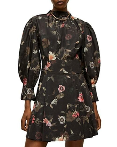 AllSaints Luna Kaneshon Floral Pleat Long Sleeve Mock Neck Dress Black, Size 4