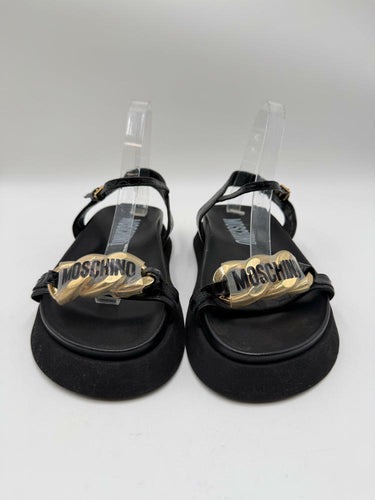 Moschino Black Leather Open Toe Embellished Ankle Strap Sandals, Size 38