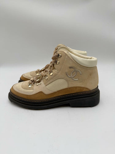 Women’s Chanel 2023 Interlocking CC Logo Hiking Boots Beige Size 37.5