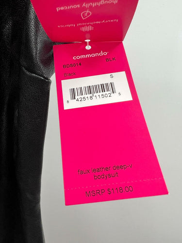 commando Deep V Bodysuit Faux Leather  V‑Neckline & Raw‑Cut Edges Black, S